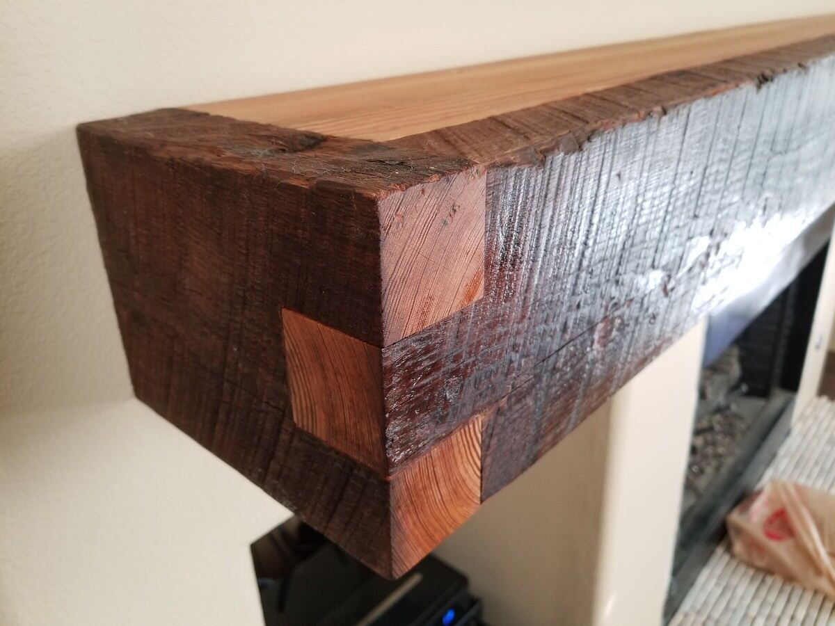 Finger Joint Heart Pine Mantel with circle sawn and plain sawn accents