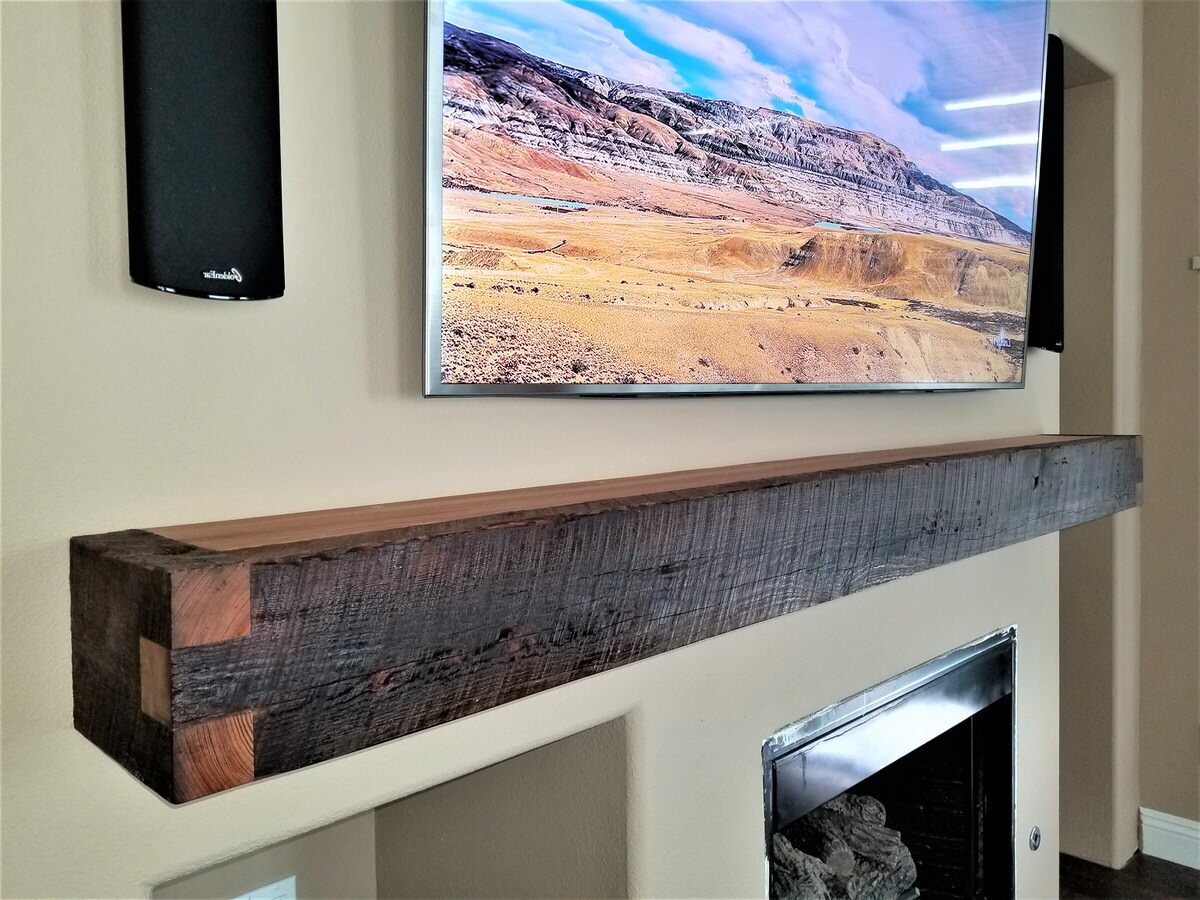 Finger Joint Heart Pine box beam floating Mantel under a desert landscape