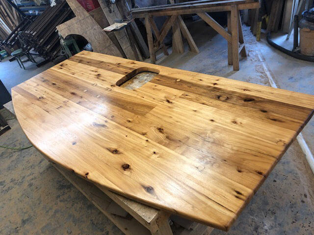from above view of reclaimed hickory countertop with space to add a sink