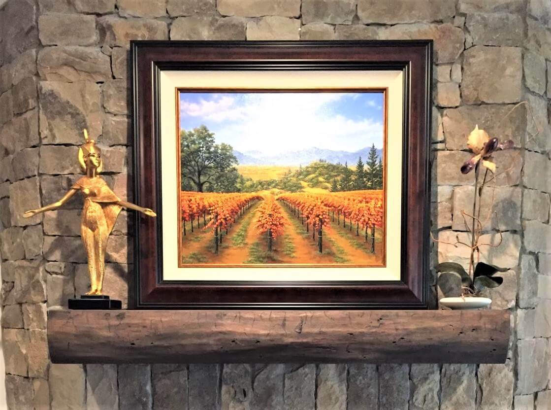 Live Edge Mantel Unfinished below a picture of an orange orchard