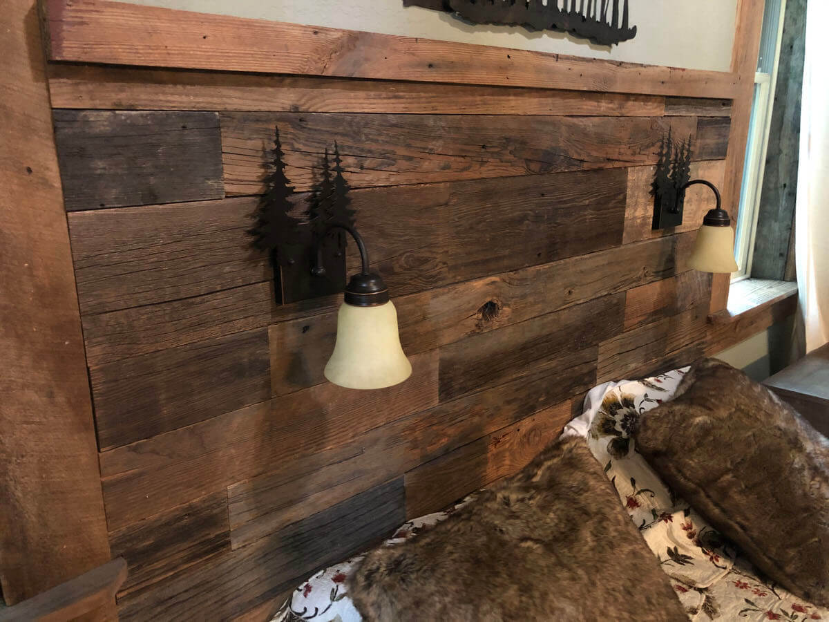 Original Surface Pine Headboard with two custom installed hanging lights