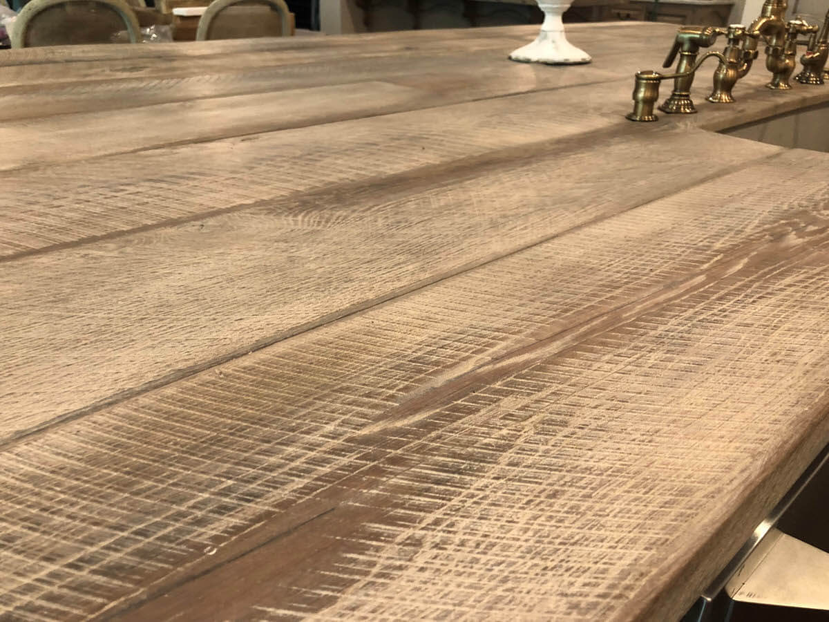 Reclaimed kitchen counter top closeup finished with gray-brown wood oil