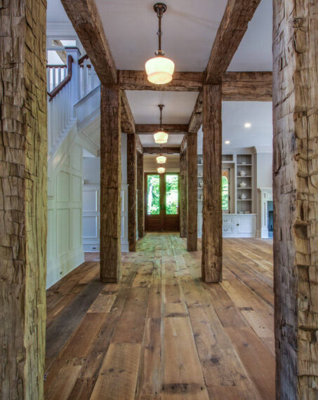 Reclaimed wood beams in Willow Creek home.