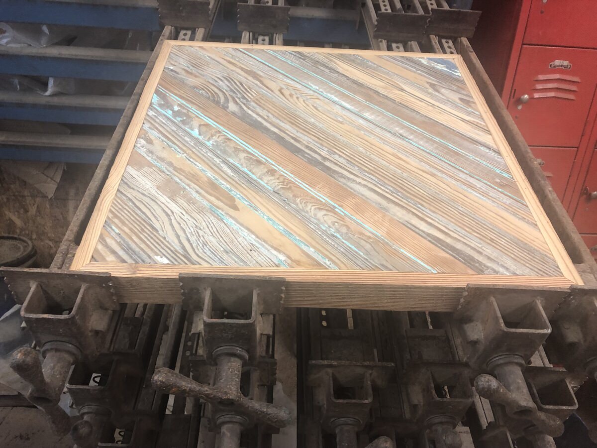 angled bead board plank table top with a part painted shabby chic surface