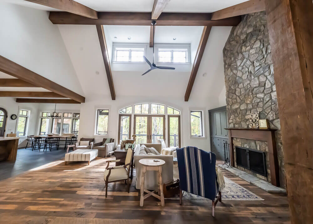 Reclaimed wood beams in lofted great room.
