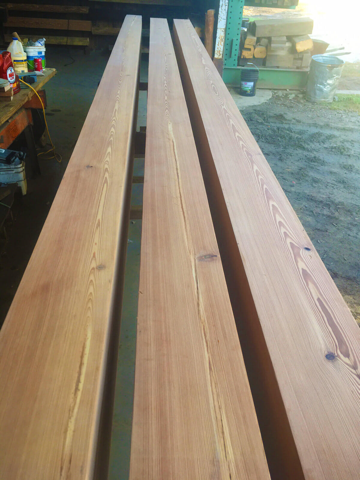 heart pine box beams before install