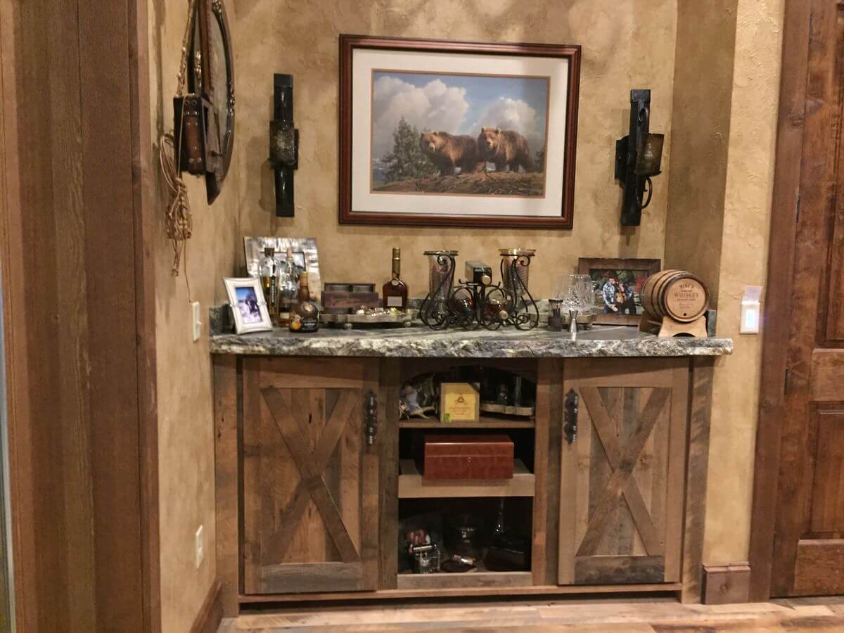 reclaimed wood credenza and cabinets in an alcove in lake toxaway, nc