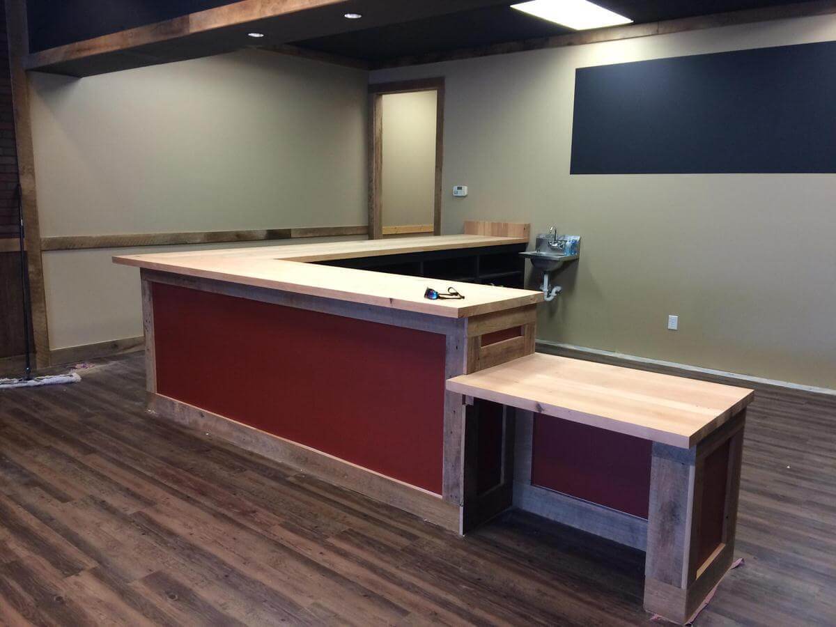 reclaimed floor and countertops with painted sides, Carolina vapor mill, greenville, sc