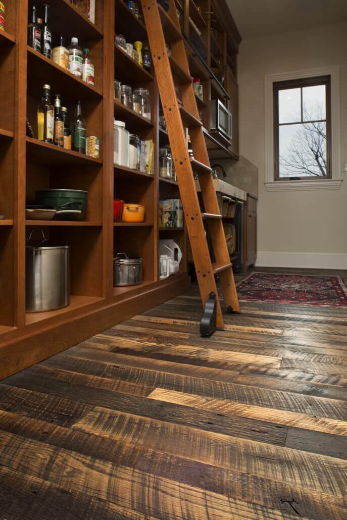 reclaimed skip planed oak flooring in a pantry near black mountain nc