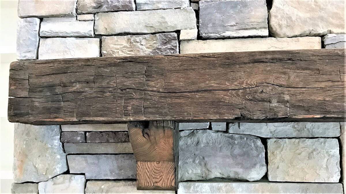 Hand hewn mantel and corbels Castle Grey Oil Finish zirconia NC