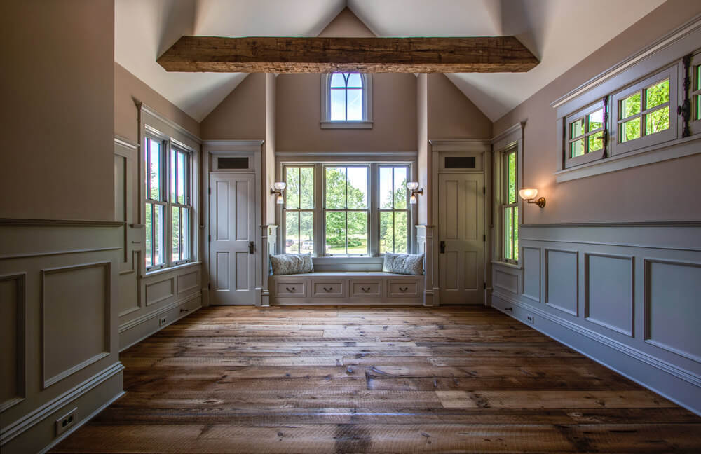 Handhewn beam across an angled ceiling in Lewes, Delaware