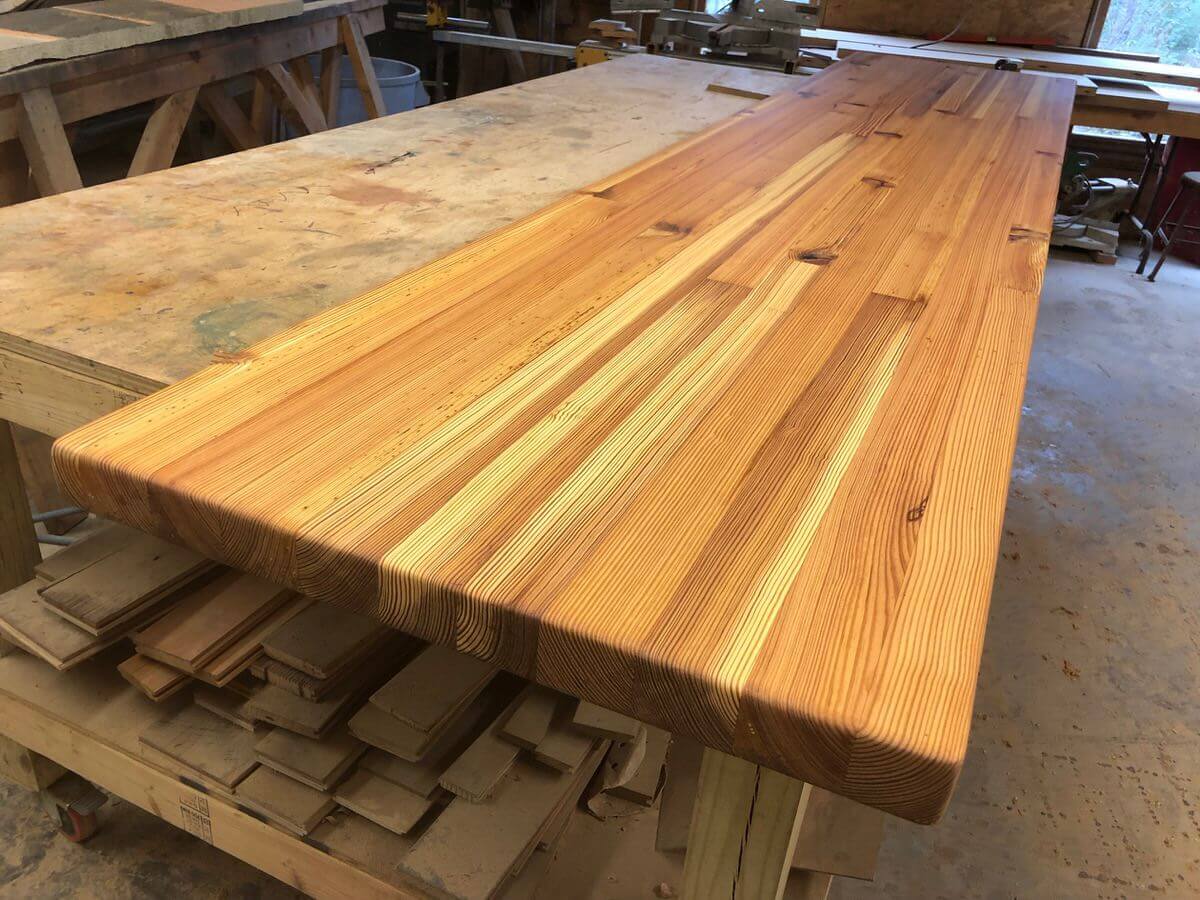 heart pine countertop with contrasting heartwood and sapwood in production facility