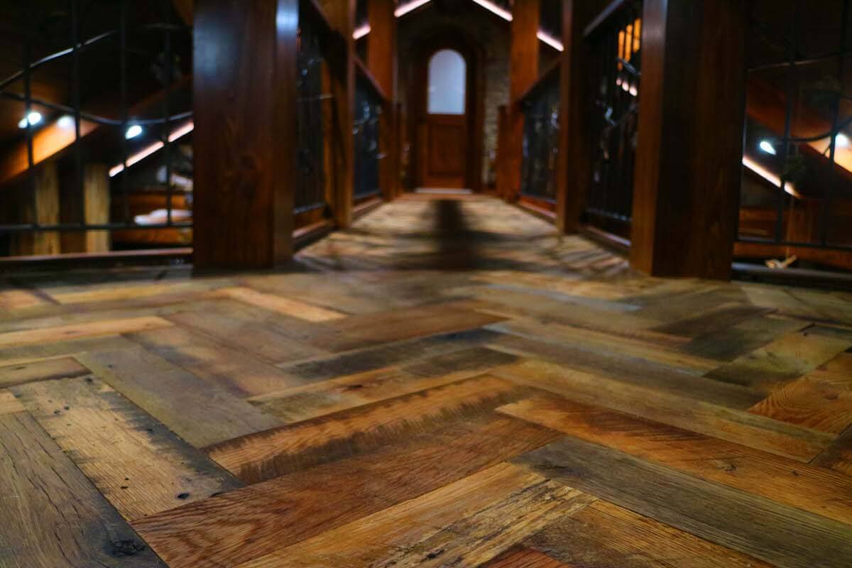 reclaimed oak floor herringbone pattern near lake toxaway nc
