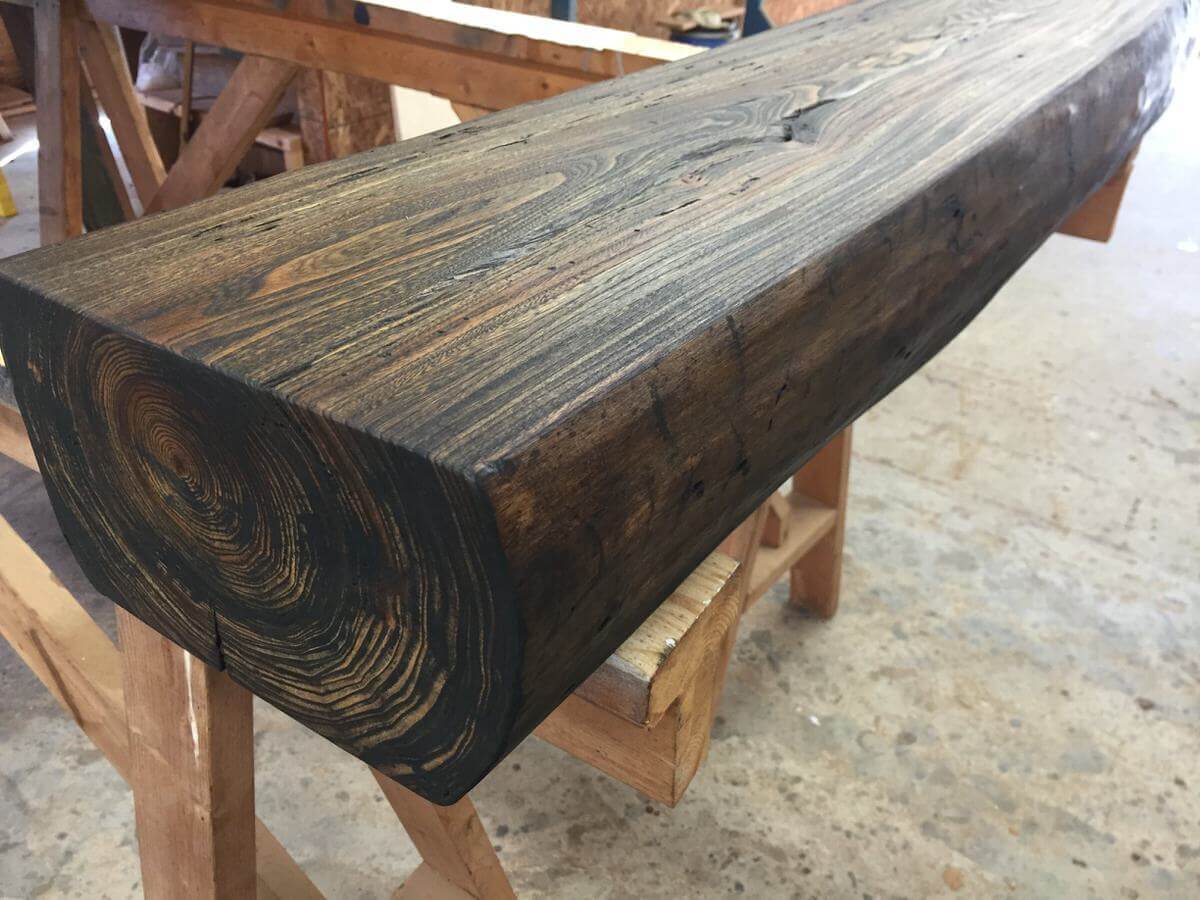 Live edge elm wood mantel burnished black oil finished