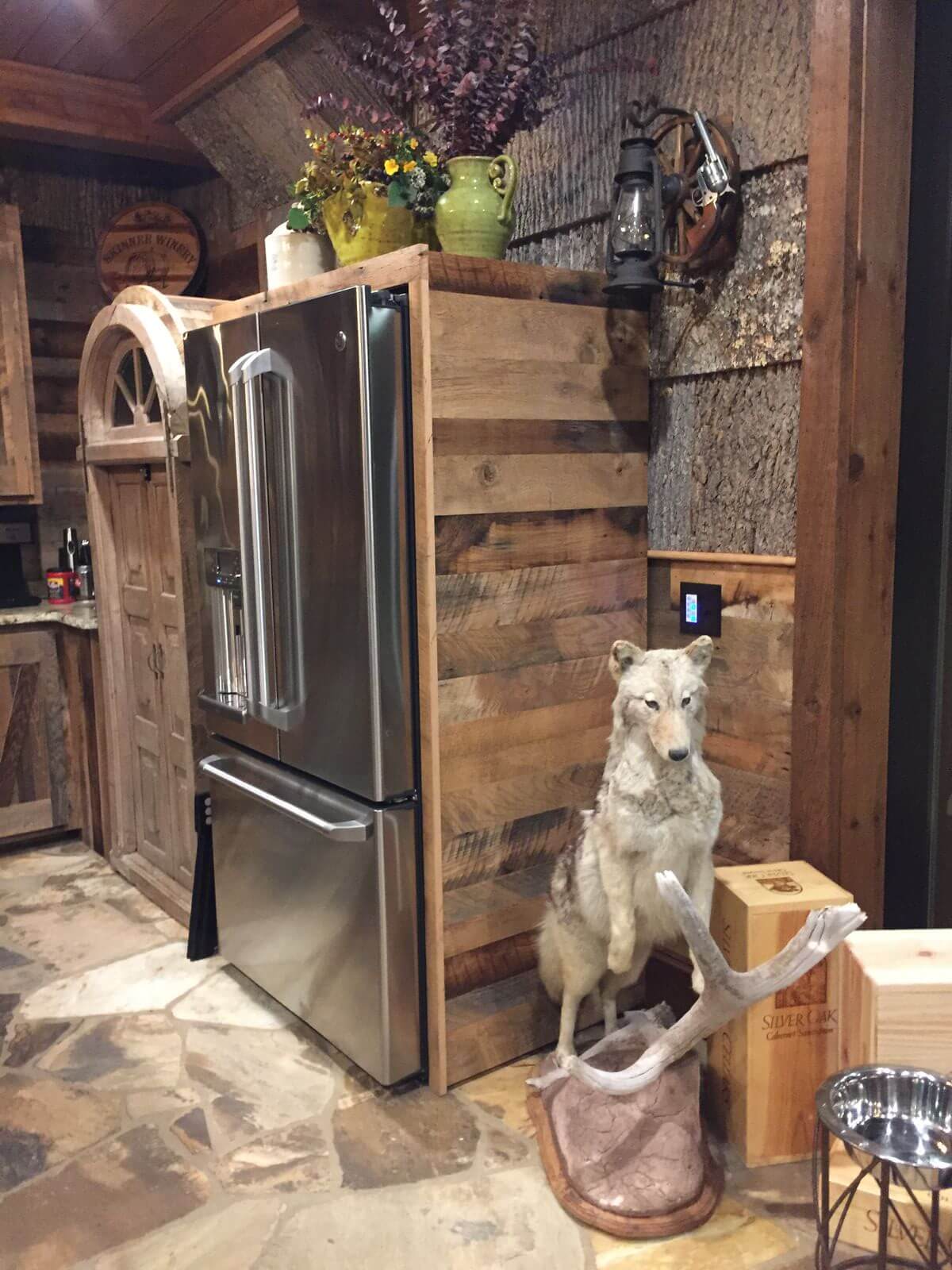 Reclaimed wood framing a refrigerator at mountain air rv resort