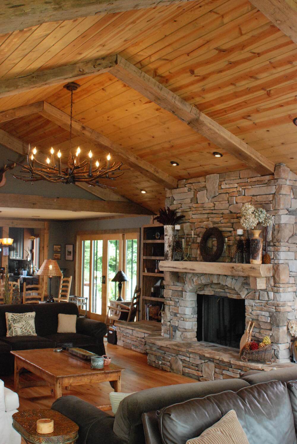 Reclaimed hand hewn beams in Hendersonville NC home.