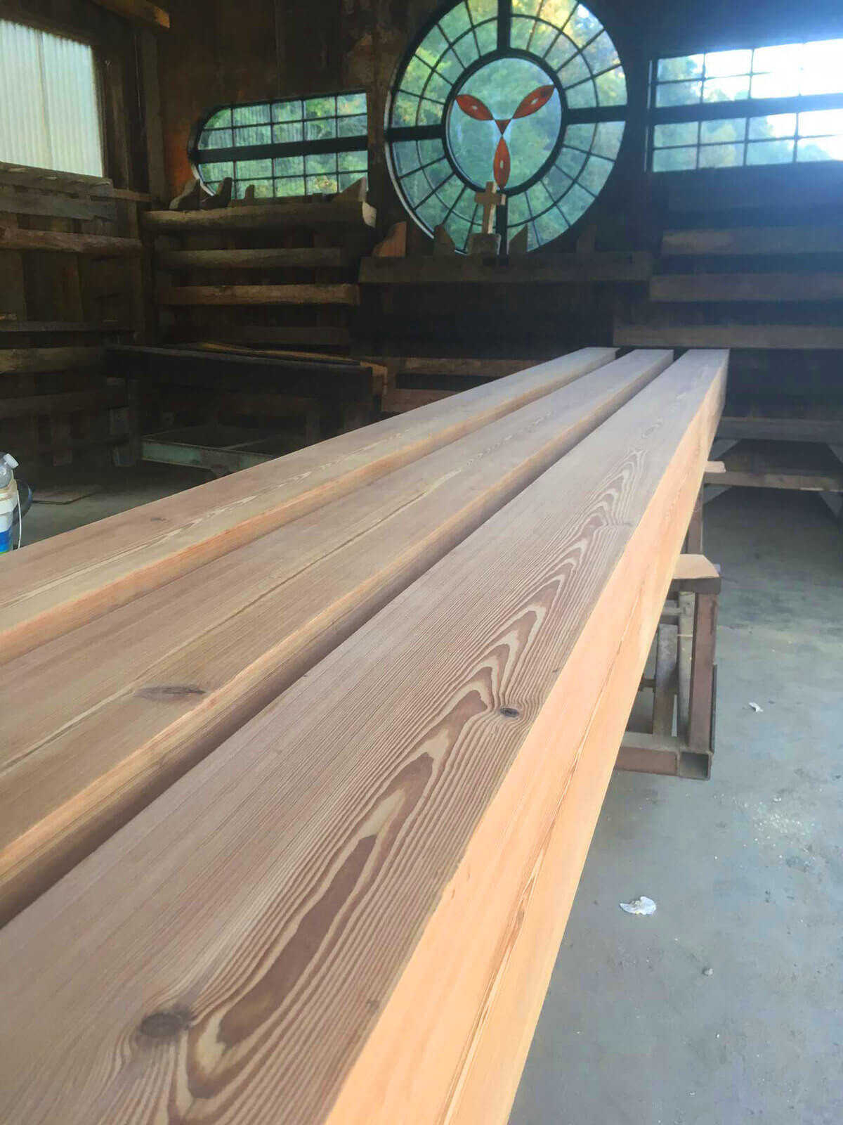 Reclaimed heart pine box beams with mitered edges