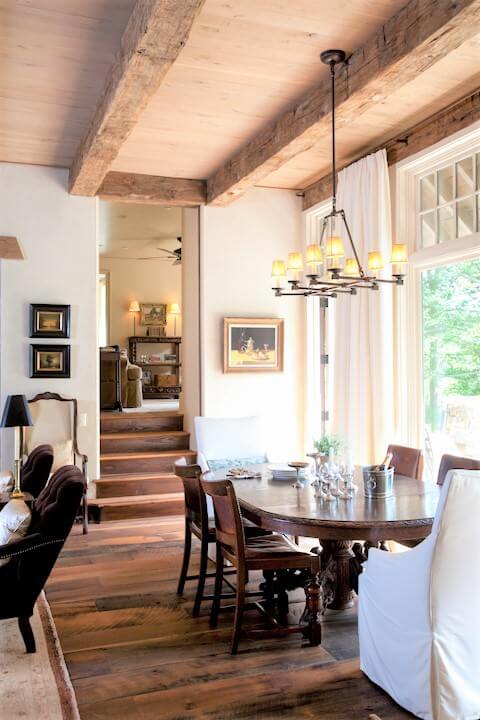 Reclaimed white oak dining room floor and beams tryon nc