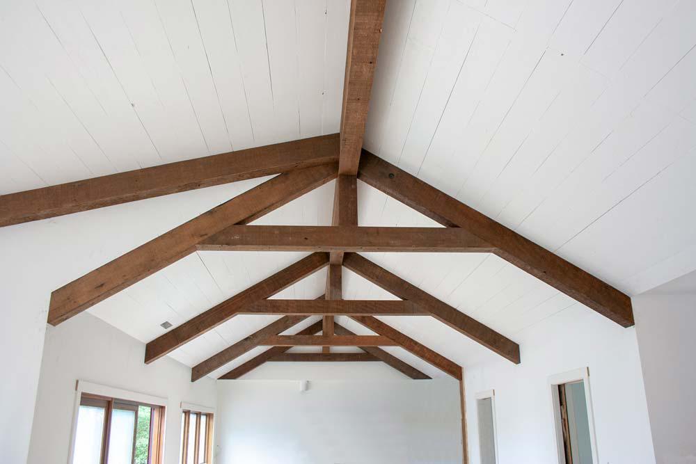 Reclaimed wood beams on ceiling.