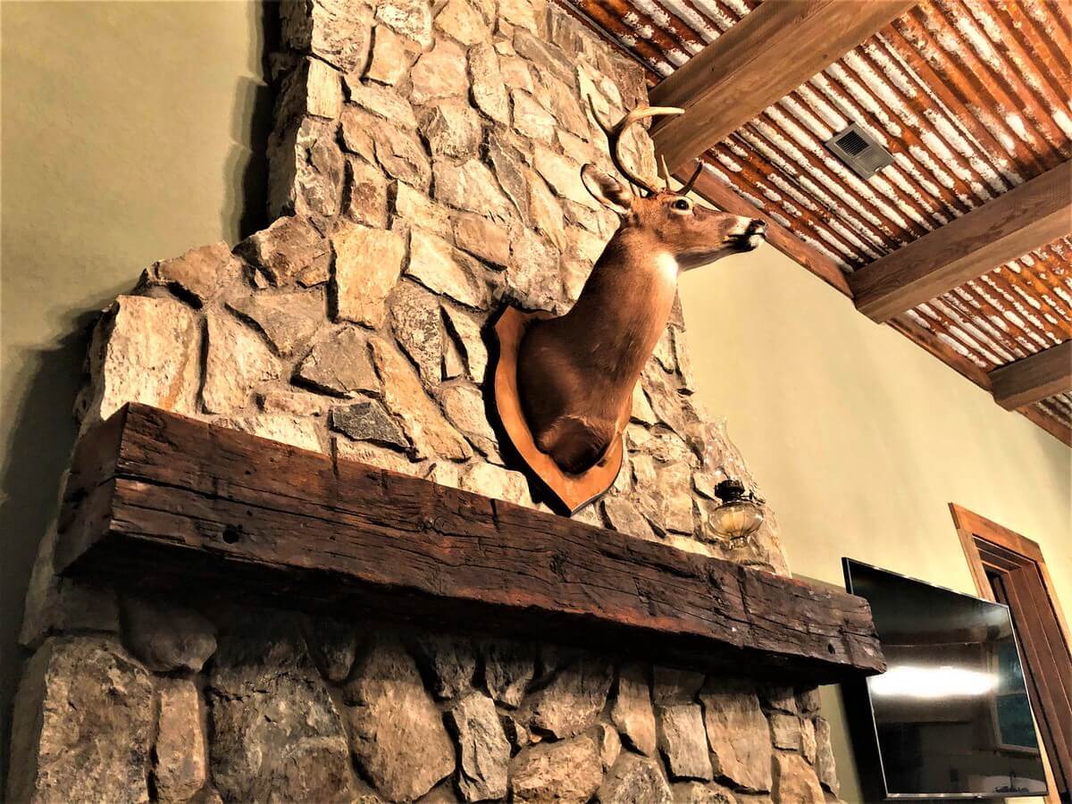 Rustic hand hewn beech fireplace mantel with deer in hendersonville nc