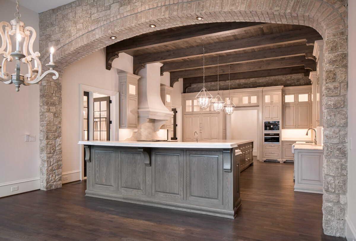 Smooth ceiling box beams across kitchen